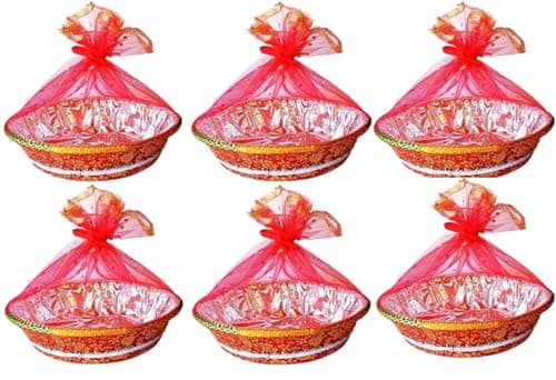 LIELA Decorative Gift Basket, 14" round Set of 6, for Diwali, Rakhi, Wedding, Navratri and any Occasions, pack variety of items waffers, chips, namkeen, juices, fruits, sweet etc. Premium Gift Hamper.