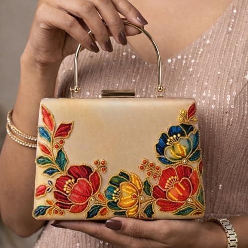 Artklim Printed Gold Floral Embellished Embroidery Clutch Bag for Women with Handle & Detachable Chain Strap | Designer Wedding Festive Evening Handbag 3