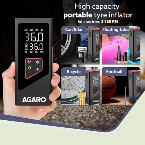 AGARO Regency Cordless Tyre Inflator, Rechargeable, 6000 mAh (3 * 2000) Batteries, Up to 150 PSI Air Pump for Car, Bike, Foot Balls, Inflatables, Portable Air Compressor, Power Bank, Multipurpose Use 3
