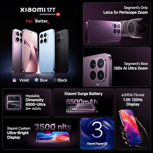 XIAOMI 17T (Blue, 12GB+256GB)|Flagship Leica Cameras|Leica UltraPure Optics|Segment Best Leica 5X Optical Zoom|120X AI Zoom|16.74cm(6.59") 120Hz AMOLED|3500nits Display|6500mAh Battery|HyperOS 3.0 3