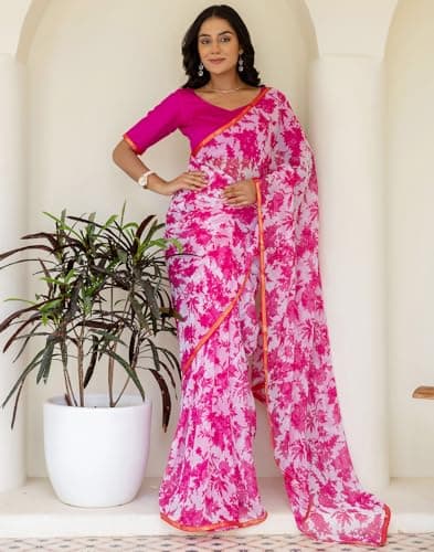 SIRIL Women's Chiffon Floral Printed Saree with Unstitched Blouse Piece (4473S236_White & Pink) 4