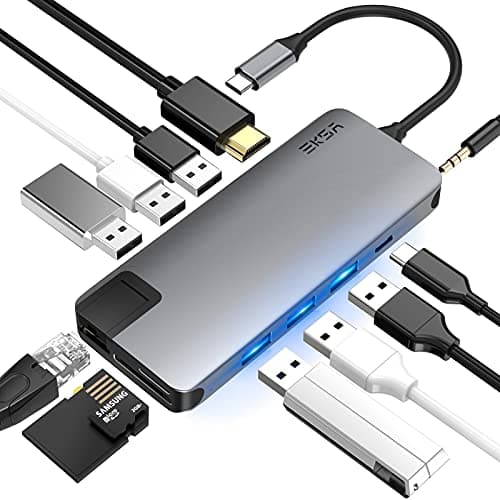 EKSA USB C Hub,12 in 1 Type C Adapter for Windows and MacBook with 3 USB 3.0 ports, 3 USB 2.0 Port, 4k HDMI, RJ45 Gigabit Ethernet, 3.5mm Audio Output, SD/TF Card Slot and USB Type-C PD Charger, Grey.
