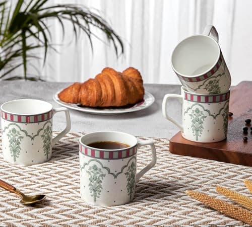 India Circus by Krsnaa Mehta Sage Luxe Coffee Mug | Tea Cup with Handles | Microwave and Dishwasher Safe | Designer Multicolor, Set of 6, 220 mL Each