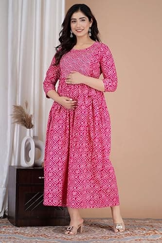 Murli Women's Pure Cotton Floral Printed Maternity Kurti Gown/Feeding Dress - A-line, Pink-3XL 4