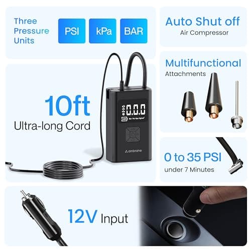 Ambrane Wired Tyre Inflator Air Pump for Cars with Digital Display & LED Light, 60W with up to 100 Psi, Portable Air Compressor, with Nozzles for Car, Bike, Motorcycle, Sports Ball (Turbo Lite Black) 2