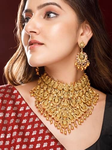 Rubans 22K Gold-Plated Red, Green & White Stone Lakshmi Motif Heavy Temple Jewellery Set for Women & Girls | Traditional Bridal Necklace Set | Brass Material 3