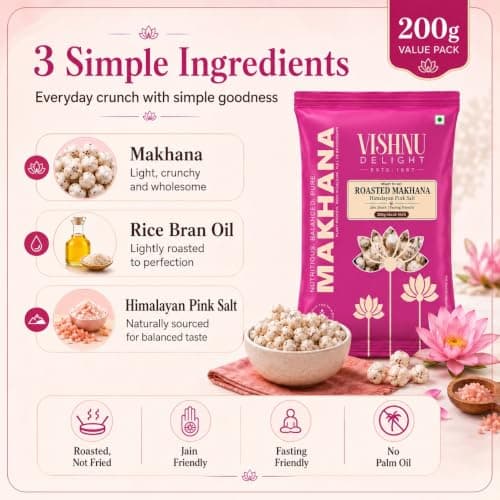 200g Vishnu Delight Roasted Makhana | Ready to Eat Phool Makhana | Himalayan Pink Salt | No Roasting Needed | Jain & Fasting Friendly Snack | Light & Crunchy Roasted Foxnuts- Pack of 1 5
