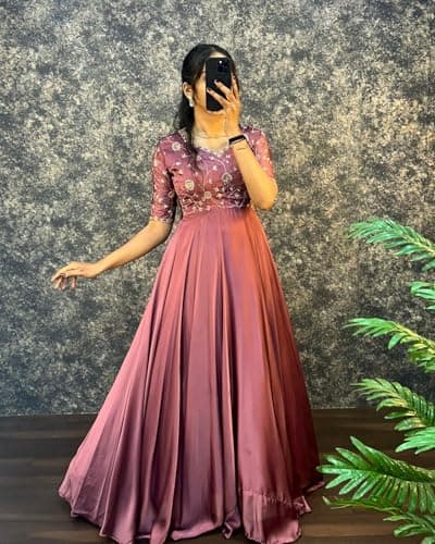 Dhanushlifestyle Women Dress | Jumpsuit | Jumpsuits for Women Stylish Mauve Satin Anarkali Gown Dress with Embroidered Yoke, Flared Floor Length Ethnic Dress (in, Alpha, S, Regular, Pink) 5