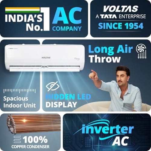 Voltas 2 ton 3 Star,New star rated, Inverter Split AC (Copper, Convertible 5-in-1 Cooling Mode, 2-Way Air Swing, Anti-dust Filter with Anti Microbial Coating, Auto Clean, (243INV CAM, White) 5