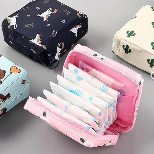 KASHIVAL Sanitary Napkin Storage Pouch (Set of 2) - Water-Resistant Period Bag for Women & Girls, Menstrual Pad & Tampon Organizer, Fabric Zippered Makeup & Cosmetic Pouch, Multi-Purpose Travel Bag