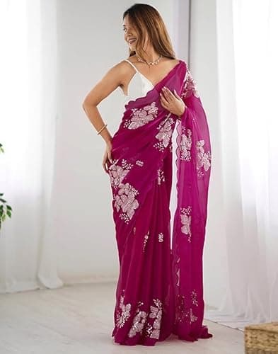 Flosive Women's Shimmer Organza Sequence Embroidery Saree With Unstitched Blouse Piece (PURPLE) 6