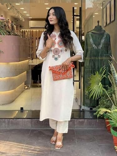 Women's Pure Cotton Embroidery Co-Ord Set | White Floral Coo-rd Set for Women | Cotton Kurti Pants Set Size -XL 5