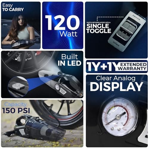 WOSCHER AirVac Pro+ 3in1 USB Rechargeable Car Vacuum Cleaner Cordless,Tyre Inflator,150 PSI Digital Air Pump for Car Tyre|120 Watt Car Vacuum Cleaner High Power 6000PA |LED Light| Auto Shut Off 2