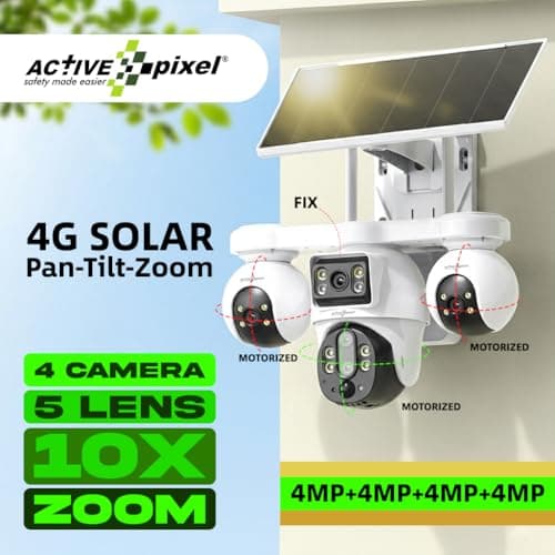 Active Pixel 4G 4MP Solar Security Camera Outdoor | 4 Camera Setup with 10X Zoom PTZ Main Lens 360° Pan Tilt | Dual Screen View | SIM Supported No WiFi CCTV | Color Night Vision | AI Motion Detection 2