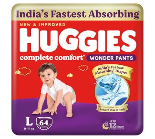 Huggies Complete Comfort Wonder Pants | Pant Style Baby Diapers Large Size (L), 64 Count | India's Fastest Absorbing Diaper, Prevents Diaper Rash, Ideal for 9 to 14 Kgs