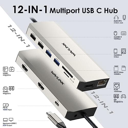 WAVLINK 12-in-1 Triple Display USB C Docking Station: Dual 4K HDMI, 4K DisplayPort, 100W PD, 5Gbps USB 3.0, Ethernet, SD/TF Card Reader for MacBook, Dell, HP, Lenovo Laptops 2