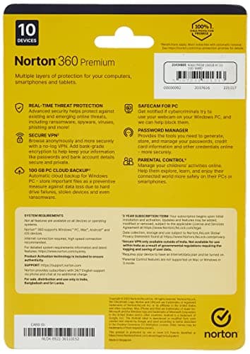 Norton 360 Premium|10 Users 3 Years|Includes Advanced AI Scam Protection, Total Security for PC, Mac, Android or iOS|Additionally Includes Password Manager,PC Cloud Back Up, SafeCam for PC 2