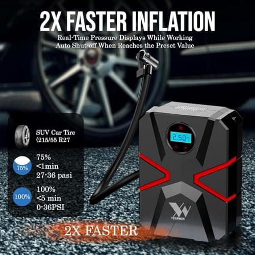 Yearwin 1+1 Year Warranty T Edition Digital Tyre Inflator - 12V Portable air Compressor with Auto shutoff 150PSI Black and Red 2