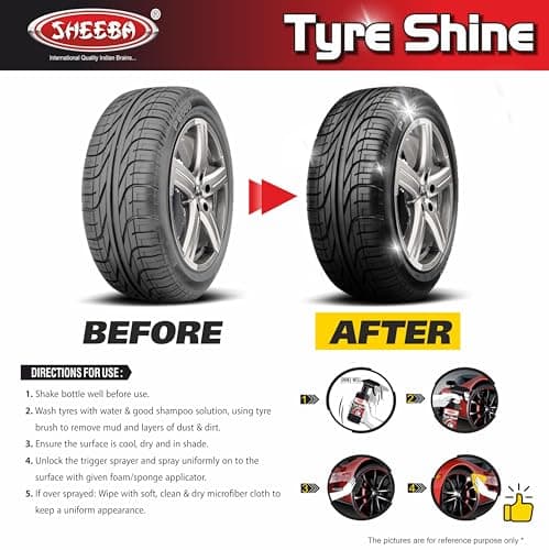 SHEEBA TYRE SHINE Polish with foam applicator pad for Cars & Bikes, Original Back to Black look, Long Lasting Results, for Rubber, Plastic Parts, Prevents Premature Ageing, Dullness, Non Greasy: 250mL 4