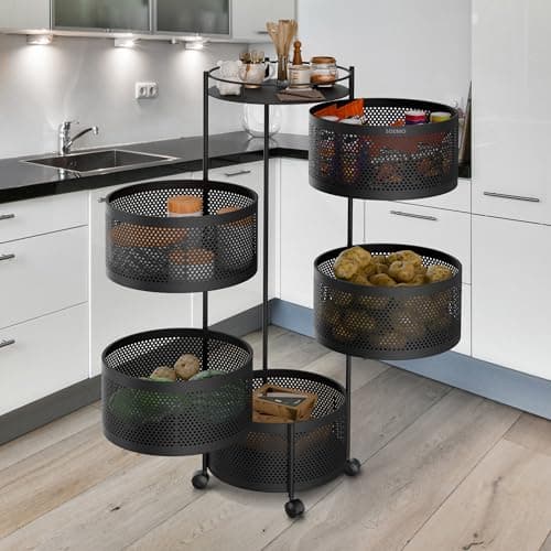 Amazon Brand - Solimo 360° Revolving Preassembled Portable 5 Layer Round Multipurpose Storage Kitchen Rack Carbon Steel Fruit Vegetable & Spice Trolley with Wheels for Kitchen Organizer(Matte, Black)