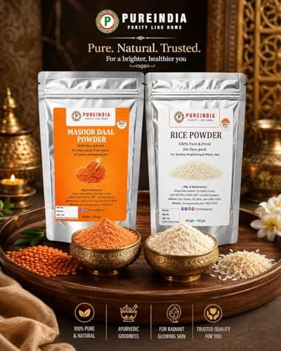 Pure India Handmade Rice Powder & Masoor Dal Powder Combo (100g + 100g) | Natural Ubtan for Face Pack | Skin Brightening, Tan Removal, Exfoliation & Glowing Skin | DIY Face Mask | Total 200g 2