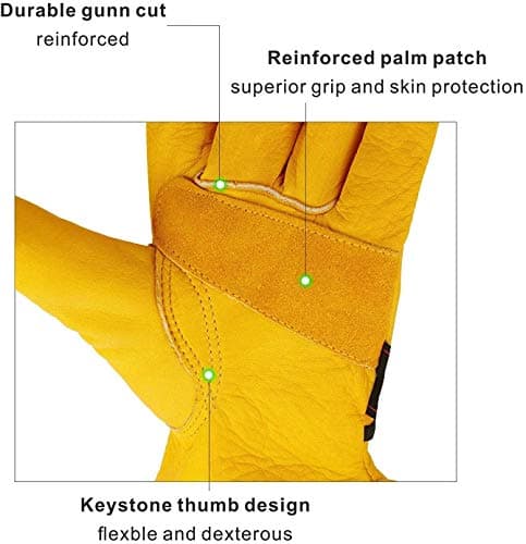 Jupiter Industries Heavy Duty Reinforced Leather Work Gloves for Adults, Palm Patch Safety Gloves for Gardening, Farming, Construction, Warehouse, Truck Driving & Yard Work | Yellow, Pack of 1 Pair 2