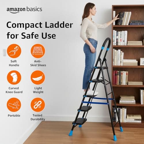 Amazon Basics Curvo-Foldable Step Ladder, Ribbed Steps, Knee Guard, Non-Marring PVC Shoes, 5 Steps (Black & Blue) 2