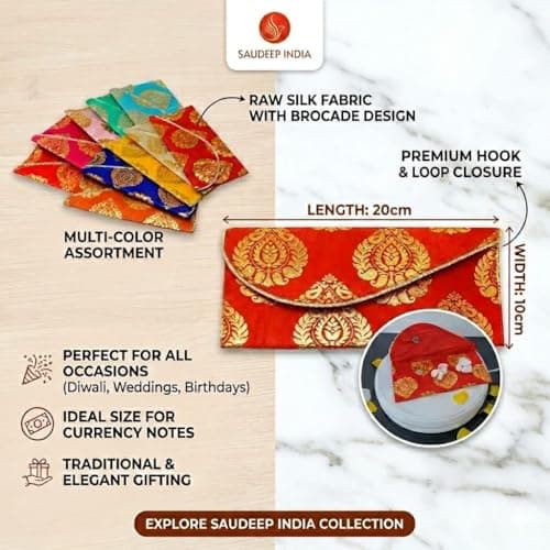 SAUDEEP INDIA Pack of 3 Raw Silk Fabric Money Gift Envelopes for Wedding, Marriage, Haldi, Mehendi, Birthday & Festivals | Designer Cash Shagun Covers for Gifting | MultiColor Traditional Lifafa 5