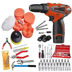 MLD Cordless 12V Power Drill Driver With 56pcs Accessories 3'' Car Polish Pad For Polishing | Drilling | screwdriver Home DIY Tool Kit SAF-108 (12v/1350 Rpm/Multicolor)