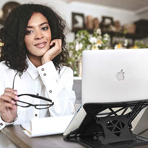 STRIFF Adjustable Laptop Tabletop Stand Patented Riser Ventilated Portable Foldable Compatible with MacBook Notebook Tablet Tray Desk Table Book with Free Phone Stand (Black) 5