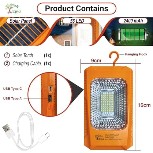 Epyz Solar Light Outdoor Rechargeable LED Torch Lights for Home Outdoor Indoor with AC/DC Torch Light with All in one Features Along [ Pack of 1, 56LED White Light ] 5