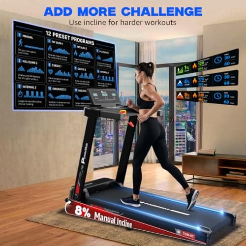 PowerMax Fitness TDM-95 4HP BLDC Motorized Treadmill for Home Use | 1.0-10 km/h Speed | 2-Level Manual Incline | Running Surface 950 x 385mm | LED Display | 12 Programs | Shock Absorption System 4