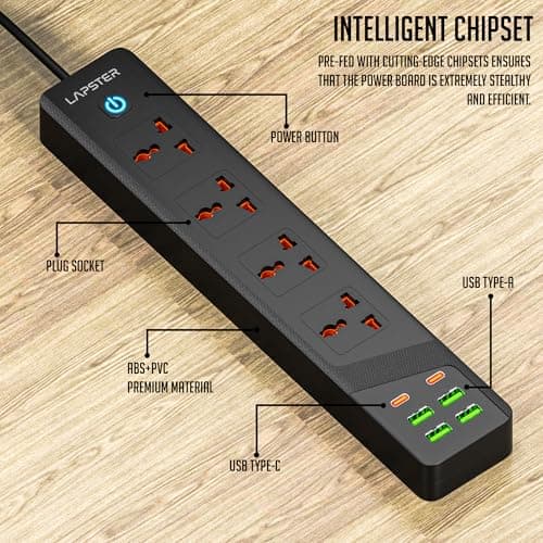 Lapster Xtension MAX with 4 USB Port + 2 Ports Type-C PD + 4 Power Sockets Extension Board, 2500W Power Converter, Cord Length 2Mtr (Black) 3
