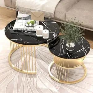 Brown Art SHOPPEE Round Coffee Table Home Décor Furniture Coffee Table Sets,2 Piece MDF Top,Stacking Nesting Table with Iron Frame for Living Room Living Room or Lounge (Gold & Black-WhiteB)