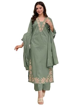 ANNI Designer Pure Cotton Embroidered Kurta Set for Women | Rust Orange Kurta with Pants & Dupatta | Floral Neck & Hem Embroidery | Cotton Kurta Set for Women | 10 Colour Options Available