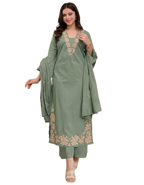 ANNI Designer Pure Cotton Embroidered Kurta Set for Women | Rust Orange Kurta with Pants & Dupatta | Floral Neck & Hem Embroidery | Cotton Kurta Set for Women | 10 Colour Options Available