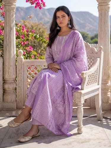 INDO ERA Women's Orange Cotton Blend Floral Printed Straight Fusion Kurta & Pant Set 2