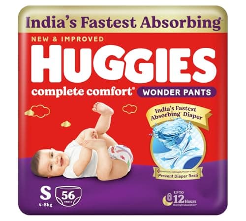 Huggies Complete Comfort Wonder Pants | Pant Style Baby Diapers Small Size (S), 56 Count | India's Fastest Absorbing Diaper, Prevents Diaper Rash, Ideal for 4 to 8 Kgs
