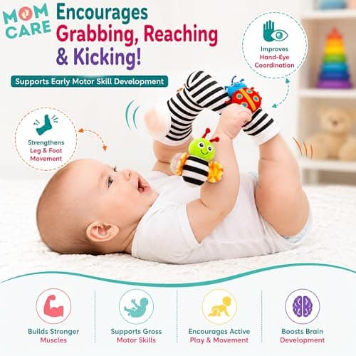 MOM CARE Wrist Rattle & Foot Finder Socks for Newborn Babies 0-12 Months | Soft Sensory Development Toy Set for Infants | Black White High Contrast Baby Toys | 4 Pcs- 1 Set 3