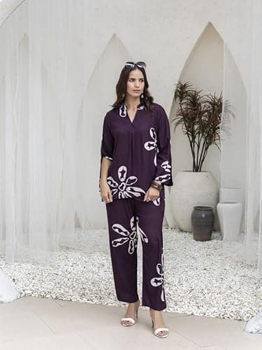 TITTLI Printed Rayon Co-Ord Set for Women | Mandarin V-Neck Full Sleeves Tunic with Slit Detail & Relaxed Fit Trousers | Casual Wear Outfit | Women's Printed Co-Ord Set for Summers Wine 4