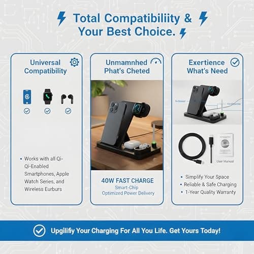 Navdevi 4 in 1 Foldable Wireless Charging Station, Fast Multi-Device Charging Stand 40W Compatible with iPhone, Apple Watch, AirPods, and Qi-Enabled Phones, Travel-Friendly Portable Power Dock (Black) 4