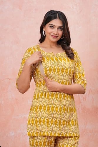 Women Cotton Printed Co-Ord Set Kurta with Pant Set | Cotton Floral Printed Anarkali Maternity Feeding Kurta with Zipper/Maternity (in, Alpha, XL, HALDI MAT Set)