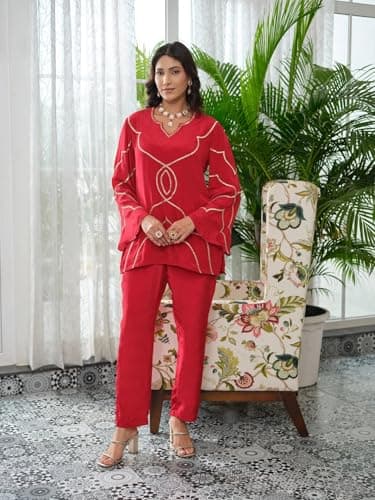 FABNEX Women Embroidered Co-Ord Set || Women 2 Pic Stylish Kurta Set (K-217-Red-M) 5