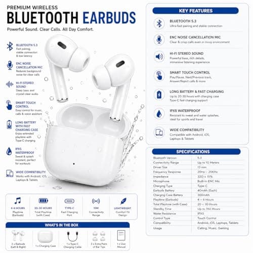 Wireless Bluetooth 5.3 Earbuds with Fast Pairing, ENC Mic, Hi-Fi Stereo Sound, Touch Control, Type-C Charging Case, IPX5 Waterproof, TWS Earphones for Calling, Music & Gaming (White) 5