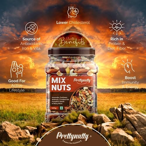PrettyNutty Healthy Nutmix 500g, Dried Almonds, Black Raisins, Cashewnuts, Cranberries, Black Dates & Many More. (Pack of Jar) 5