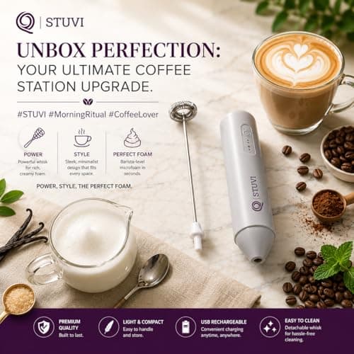 STUVI Coffee Frother Electric Rechargeable, Handheld Milk Frother for Coffee, Latte, Cappuccino & Hot Chocolate, USB Rechargeable Coffee Maker Machine with Dual Spring Stainless Steel Whisk 4