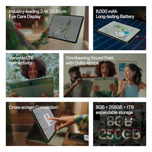 OnePlus Pad Go 28.85Cm 2.4K 7:5 Ratio Readfit Eye Care LCD Display,Dolby Atmos Quad Speakers,4G LTE(Calling) + Wi-Fi Connectivity Tablet,8Gb Ram 256 Gb Storage Expandable Up-to 1Tb,Green 2