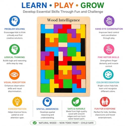 Wooden Russian Blocks Puzzle for Kids & Adults, 40 Pcs Multicolor Wood Tangram Brain Teaser, Educational Shape Sorting Puzzle Toy for Ages 3+ Years 3