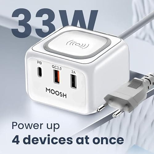 Moosh USB Charger Multi Port Wireless Charging Station 33W Cube with 10W Wireless Charging Dock 18W Power Delivery Type C Port + QC 3.0 + USB A Home Charger 1.5M Cable India Pin Smart Charger (White) 4