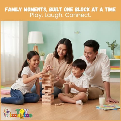 Toy Imagine 54 Pcs Wooden Tumbling Tower Game – Indoor Stacking Puzzle Blocks for Kids, Adults & Families – Fun Balancing Toy for Boys & Girls of All Ages – Party Game & Brain Teaser 5